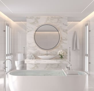 a bathroom with a tub tub and a large mirror
