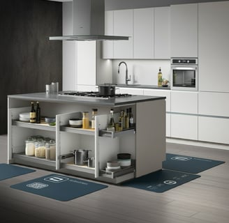 a kitchen with a kitchen island and a kitchen with a stove