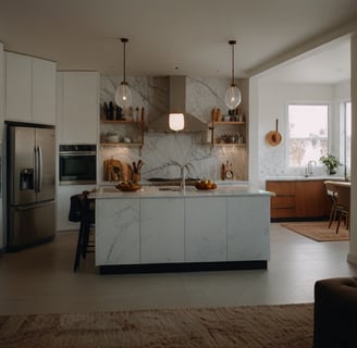 a kitchen with a marbled counter top and a large window