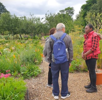 a three people standing in a garden talking