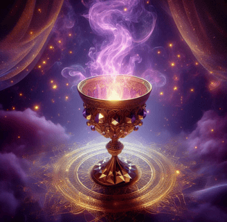Artistic depiction of a violet flame in a golden cup with intricate sacred geometry patterns beneath