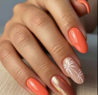 Pink and orange ombre nails with chrome finish
