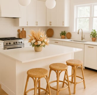 rattan stools in boho kitchen