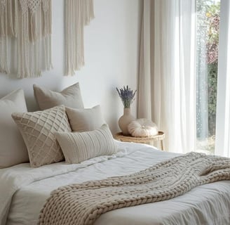 budget-friendly grey boho bedroom with chunky knit blanket