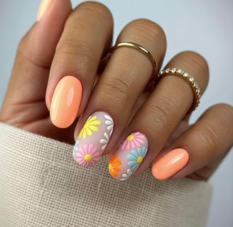 Neon peach nails with 3D pastel daisies