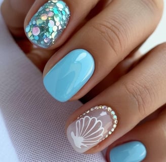 Blue glitter nails with seashell and rhinestone design