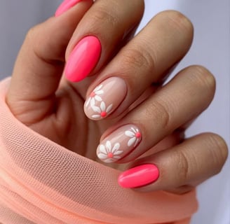 Hot pink nails with daisy flower accents