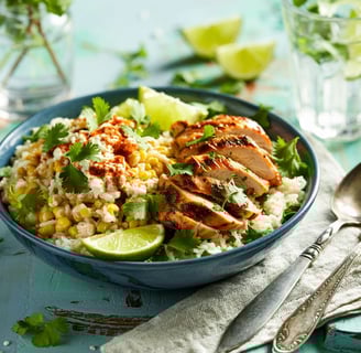 street corn chicken rice bowl