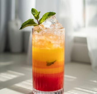 Virgin Sunrise Mocktail with layered orange juice, grenadine, and mint.