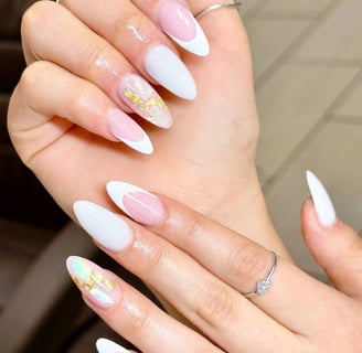 white nails with gold foil