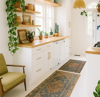 woven rug in boho kitchen