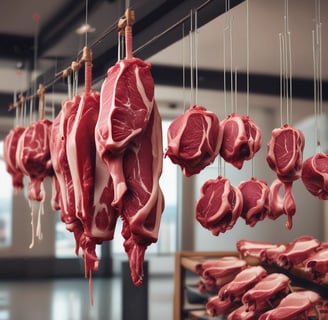 Several cuts of raw meat are hanging from hooks in a small market stall. Below the hanging meat, there are green weighing scales and a yellow bowl on a metallic counter. The stall is covered, providing shade to the items beneath. In the background, there are green coconuts stacked together.