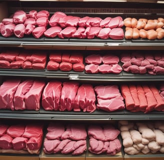 A bustling market scene featuring a meat vendor with a red and yellow sign marked 'Tuck Kee'. The vendor is behind a glass display case filled with various types of meat products, including square slices and sausages. Several people are seen shopping and engaging in transactions, with goods visibly stacked in the background.