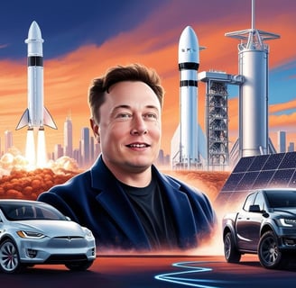 a famous entrepreneur in a black jacket and a car with a rocket on it