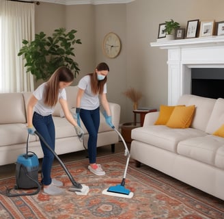 A person is cleaning a sleek, silver car with a blue cloth and spray bottle inside a well-lit garage. The garage features modern, geometric ceiling lights and has a partially visible staircase in the background.