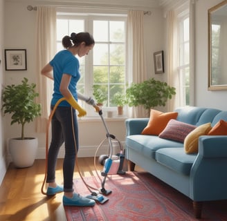 A person cleans the interior of a yellow taxi, with reflections of trees visible on the car window. The person appears to be focused on their task, using a red cloth to wipe the inside of the window. There is a blue car parked in the background.