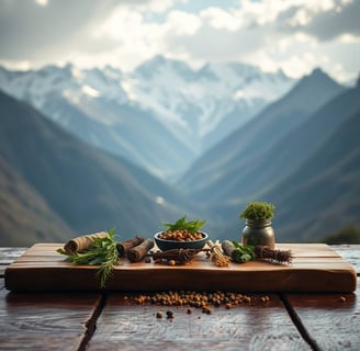 Tibetan mountain view with herbal remedies on a wooden table