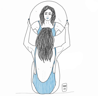 Una chica de espalda sosteniendo un espejo y viendo su cara reflejada