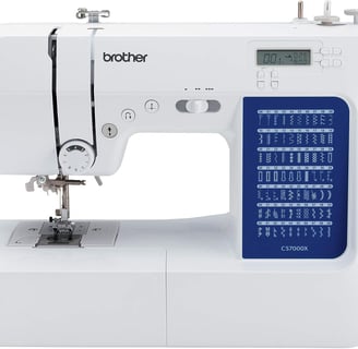 a sewing machine with a blue and white background