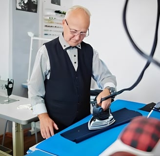 a tailor ironing and using sewing pressing tools