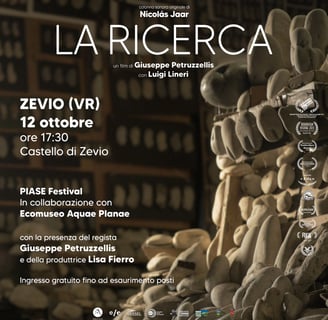 Cartolina di annuncio della proiezione del film documentario La Ricerca a Zevio, il 12 ottobre 2024 alle 17:30, in occasione 