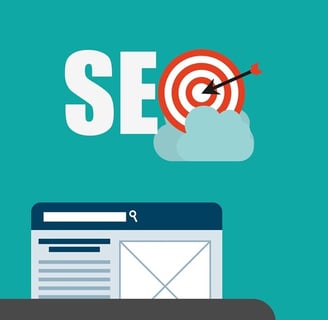 Palavra "SEO" com símbolo de alvo e ícone de página de texto