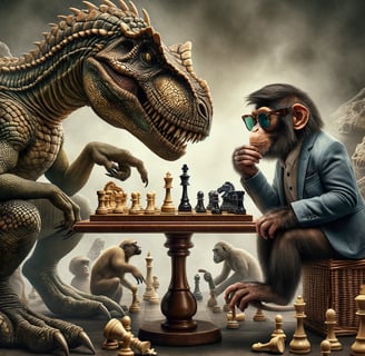 a monkey with a chess game in front of a dinosaur