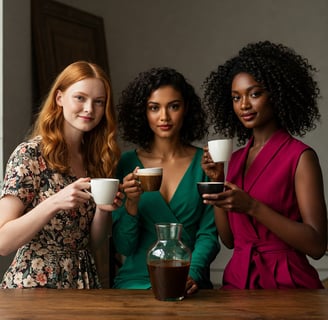 three women are standing around a table with coffee cups