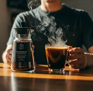 a person holding a coffee cup and a coffee pot