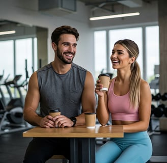 a man and woman sitting at a table with coffee