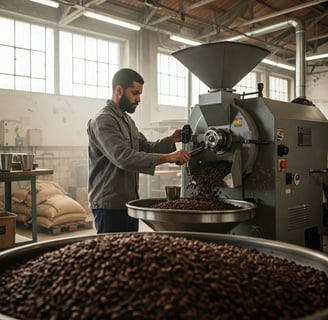 a man is making coffee beans in a coffee machine