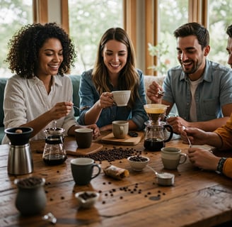 a group of people sitting around a table with coffee