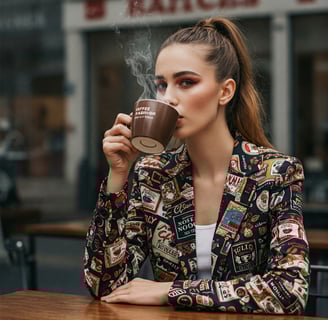 a woman in a jacket and jacket with a cup of coffee
