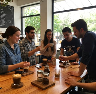 a group of people sitting at a table with drinks
