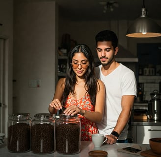a man and woman standing in a kitchen