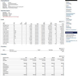 Example parcel report sourced from GIS with tax and sale history.