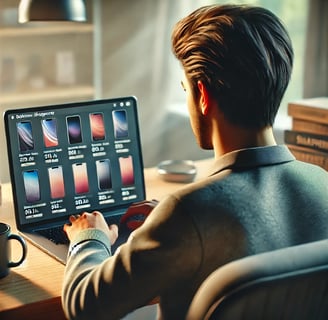 on voit un jeune homme qui cherche sur internet un nouveau model de mobile