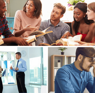 a collage of a group of people sitting around a table