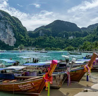 a group of boats docked at a beach