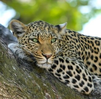 a leopard cubby is resting on a tree branch