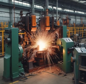 A person is using a grinding tool on a metal object clamped in a vice, creating bright orange sparks in an industrial workshop. In the background, metalworking machinery and equipment are visible, with another individual sitting in the distance. The atmosphere appears busy and functional, with a focus on craftsmanship and metalwork.