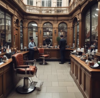 A small, rustic barbershop with two customers and a barber. The shop has two large mirrors and an array of shelves filled with various grooming products. There are towels hanging above the mirrors. One customer is sitting on a chair getting a haircut, while another person is sitting in the middle waiting. There's a child sitting on a chair by the entrance watching the scene.