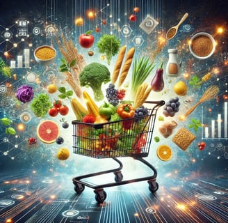 Futuristic grocery shopping with floating healthy foods and meal prep icons.