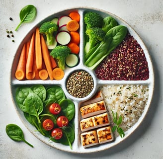 A balanced plate showing portion sizes with vegetables, protein, and grains