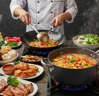 Chef cooking stir-fried vegetables, grilled meat, and soup in a busy kitchen.
