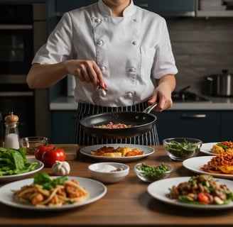 A chef seasoning food in a frying pan with several plated dishes on the counter.