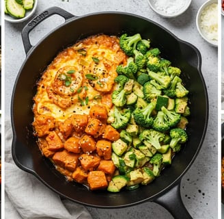 A selection of healthy one-pan meals with quinoa, chicken, roasted vegetables, and zucchini.