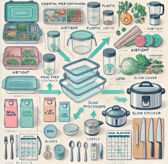 Diagram showing the relationships among essential meal prep containers and tools for efficient meal planning.