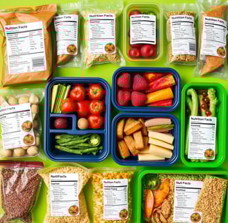 Meal prep containers and food packages with visible nutritional labels.