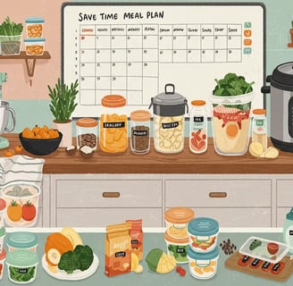 A tidy kitchen with labeled food containers, a meal plan calendar, and kitchen appliances, highlight